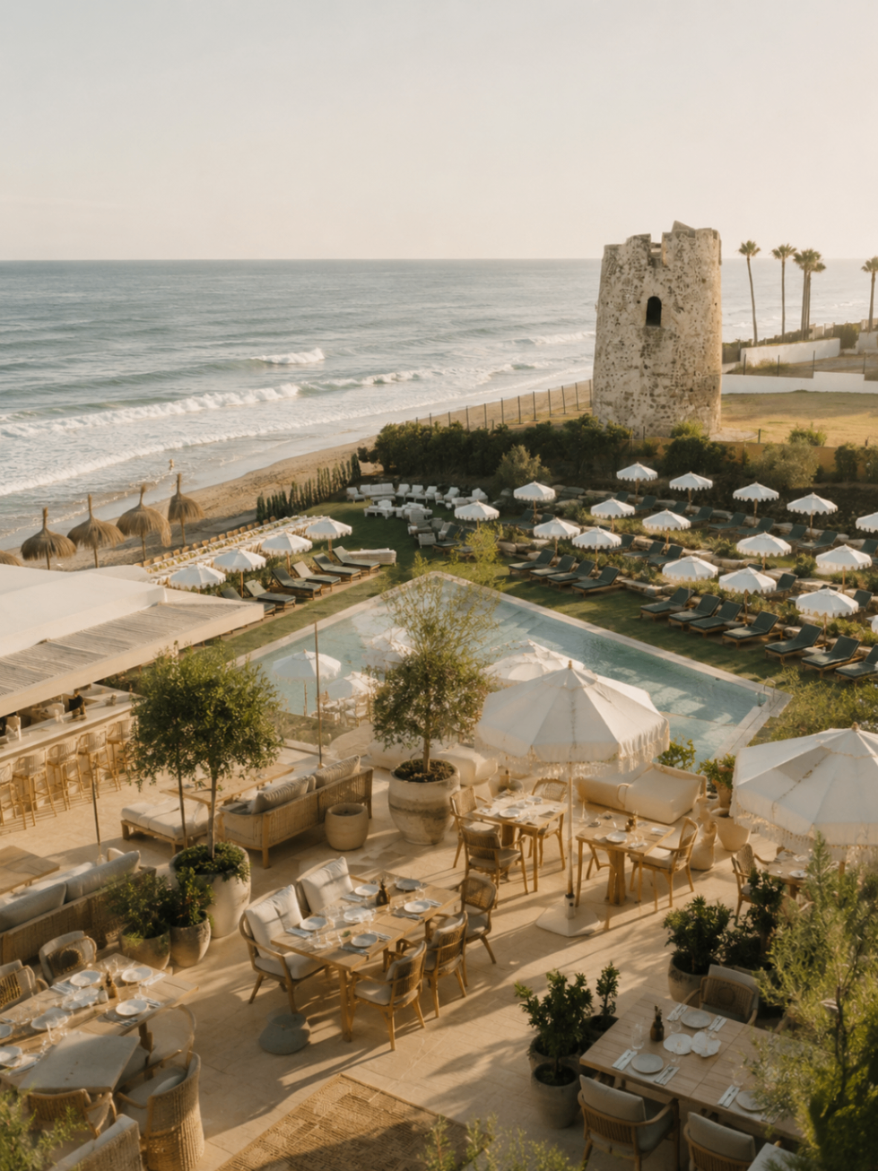 Barbillon Marbella overview with pool, beach loungers and sea-facing terrace