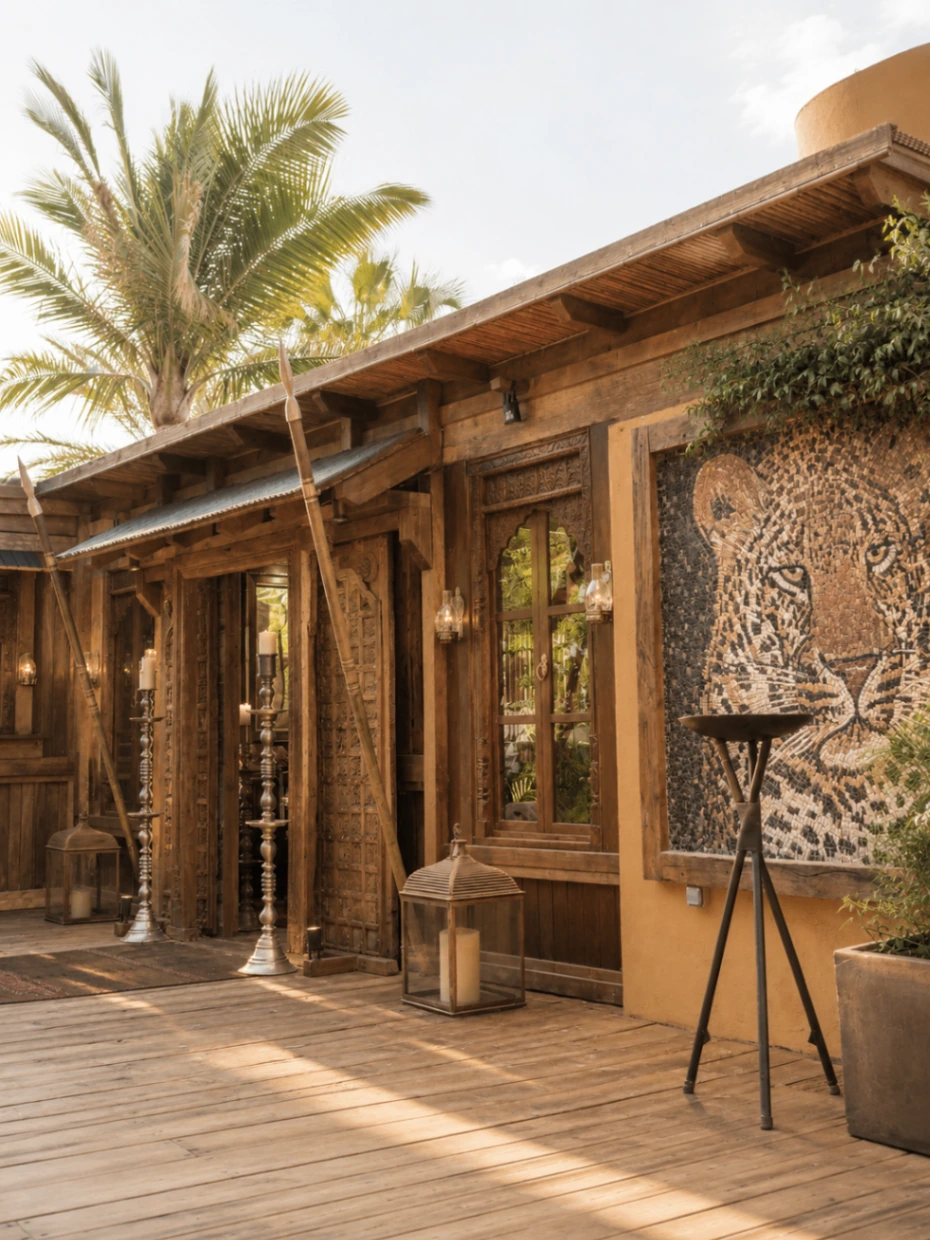 Trocadero Arena Marbella facade with carved timber details, lanterns and the signature leopard mosaic