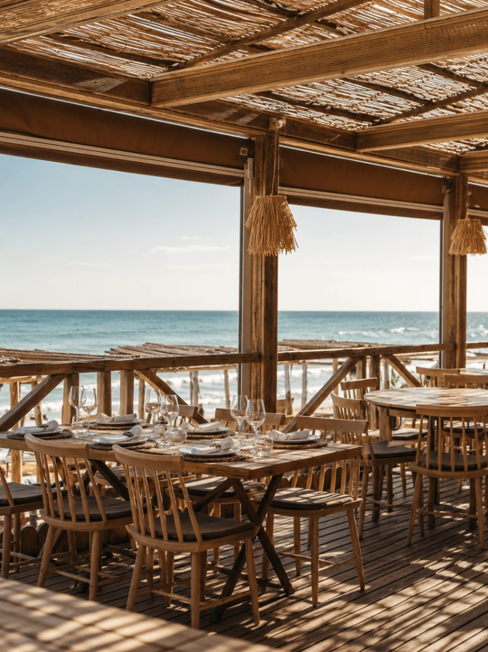 La Plage Casanis Marbella restaurant terrace with wooden tables and open sea views