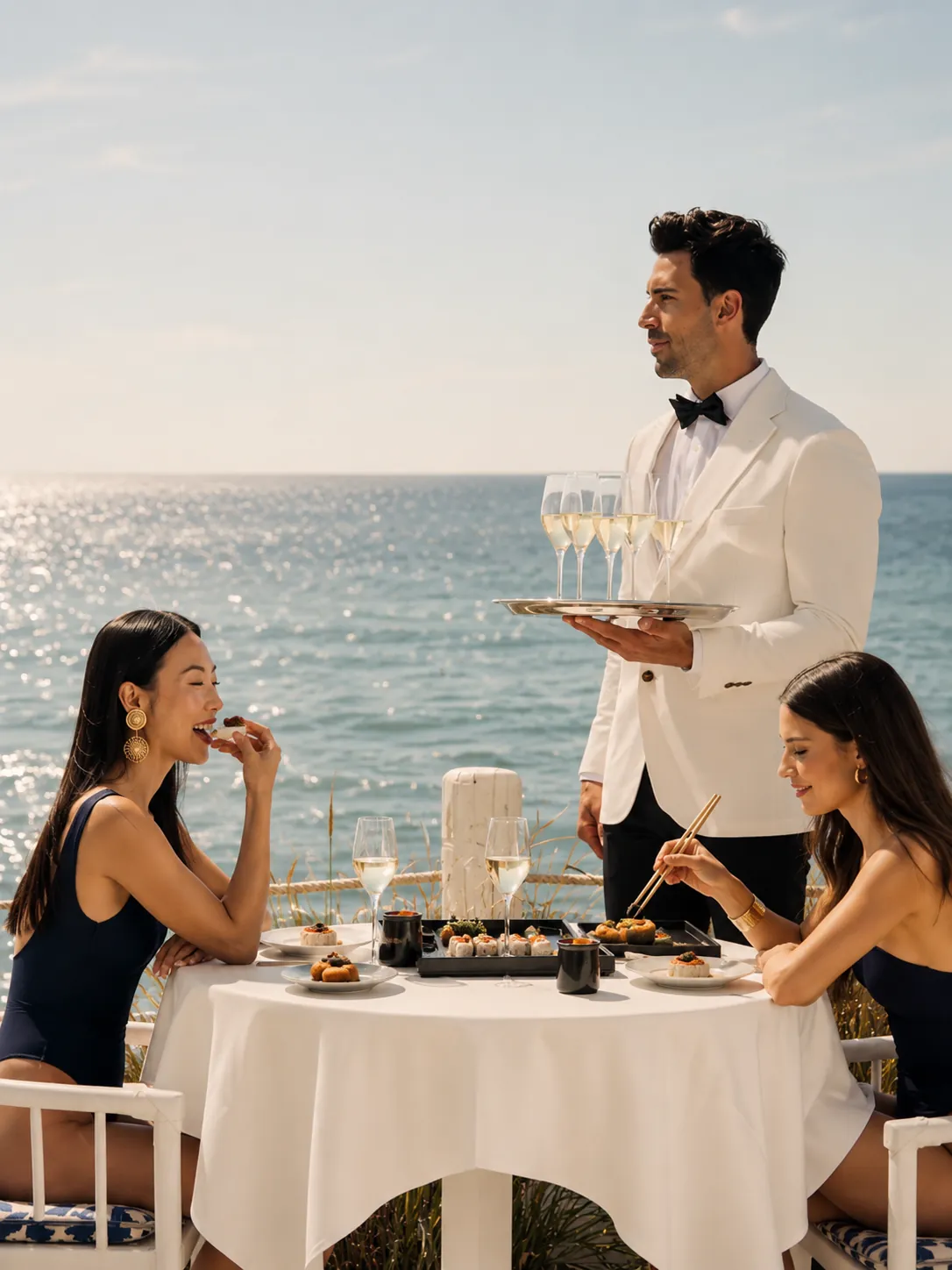 Guests dining seaside at La Cabane Marbella while champagne is served