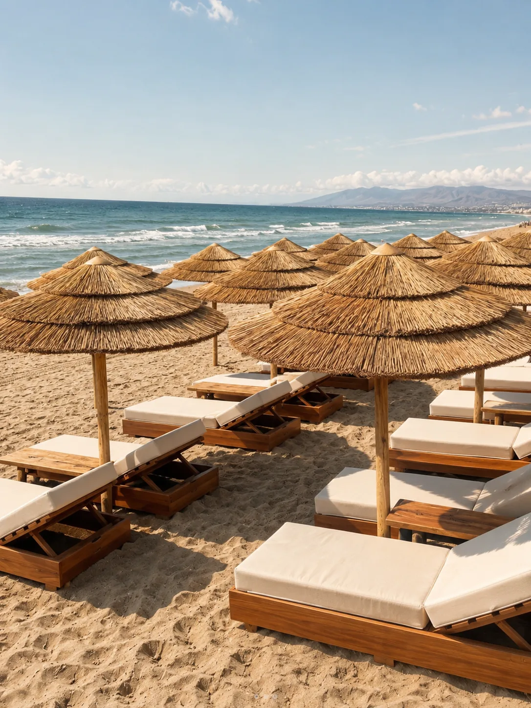 Luuma Beach Marbella sunbeds beneath straw parasols facing the sea along East Marbella's shoreline