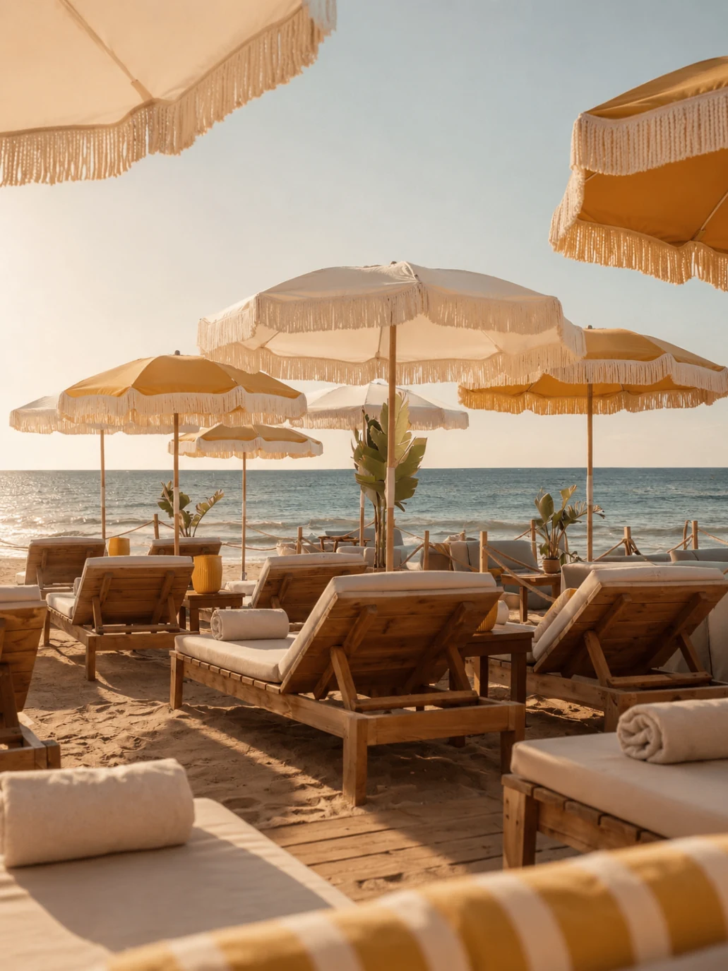 La Plage Casanis Marbella sunbeds beneath yellow-and-white parasols facing the sea