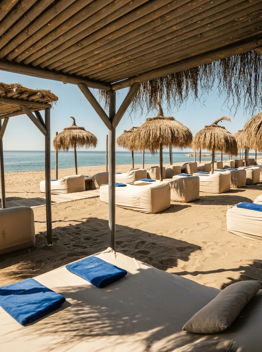 La Milla Marbella sunbed setup on the beach in soft golden light