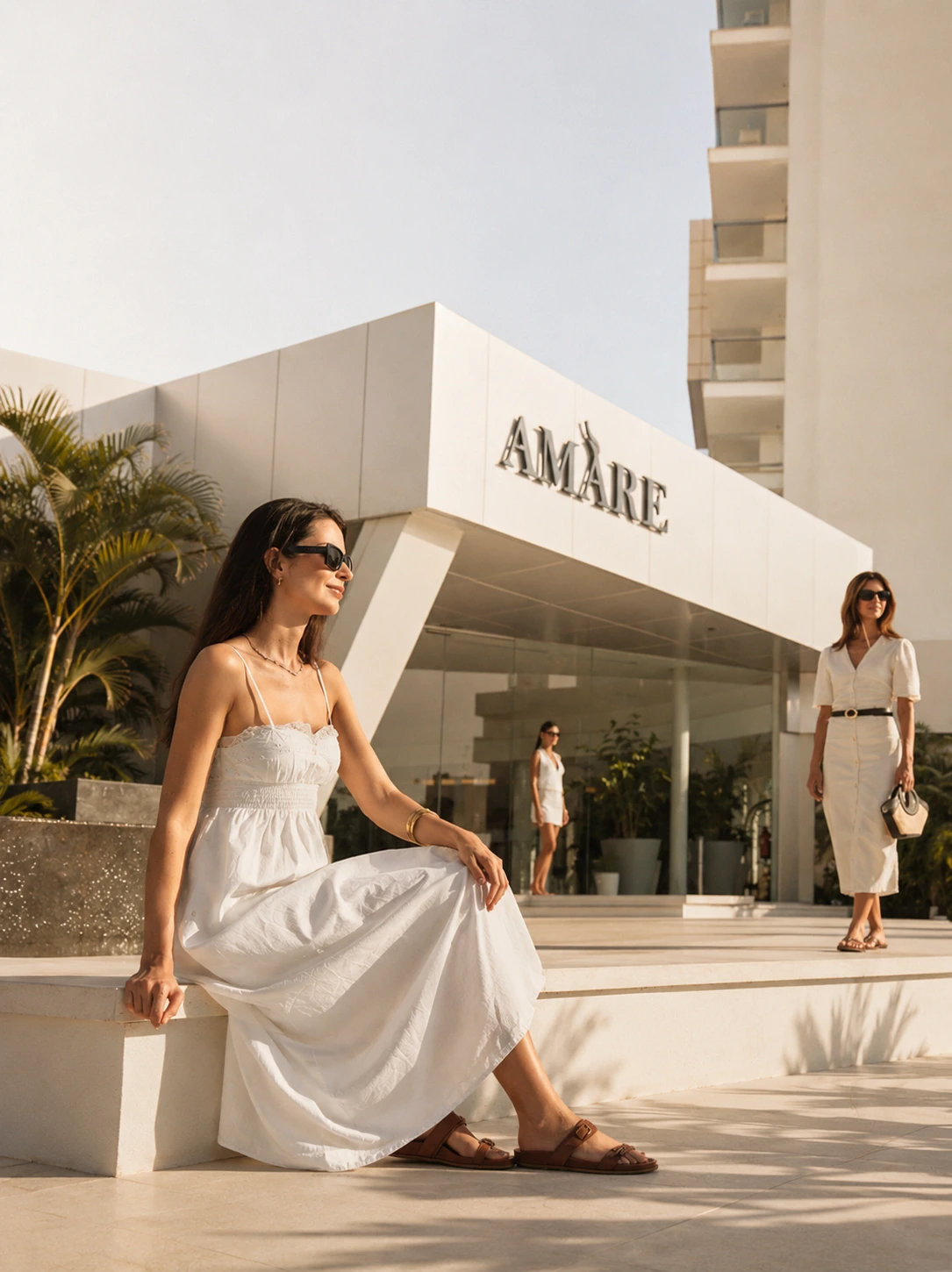 Amàre Marbella hotel entrance with guests arriving in front of the Amàre facade