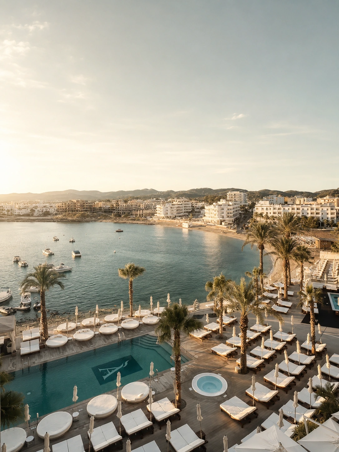 Overview of Amàre Beach Club Marbella with pool deck, round loungers, palms and the bay beyond