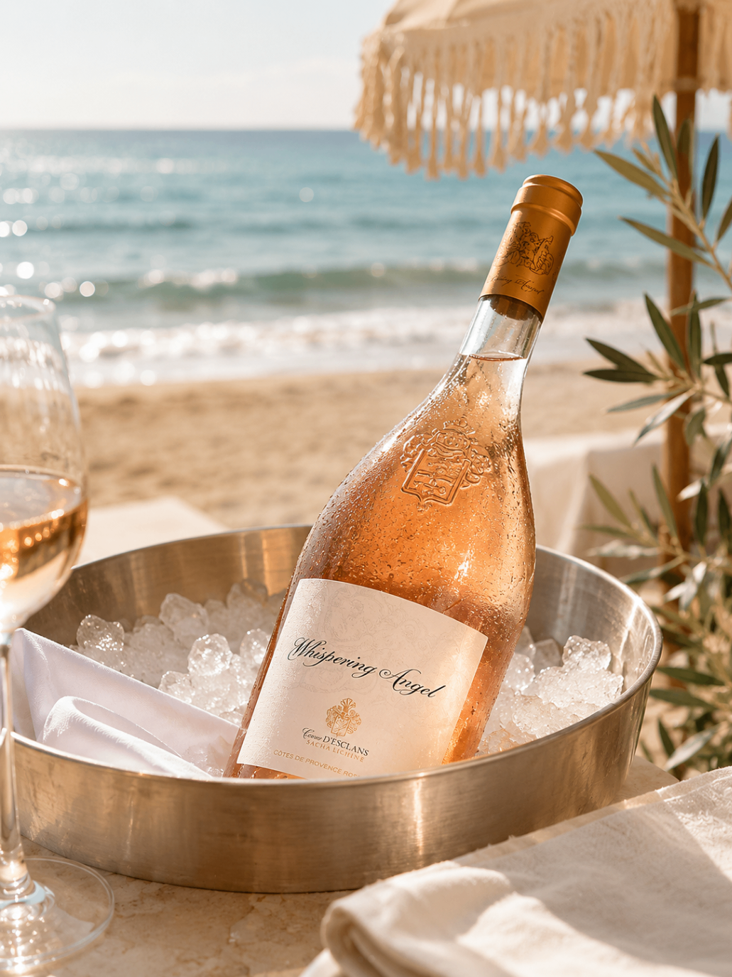 Rosé bottle on ice at Barbillon Marbella beside the beach