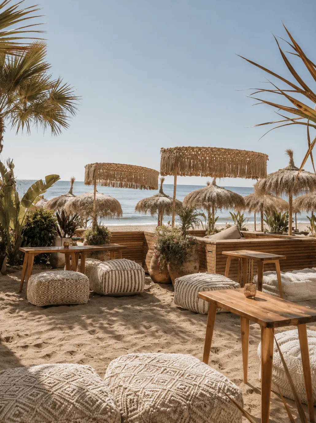 Bono Beach Marbella beach lounge with woven parasols, sand seating and sea views
