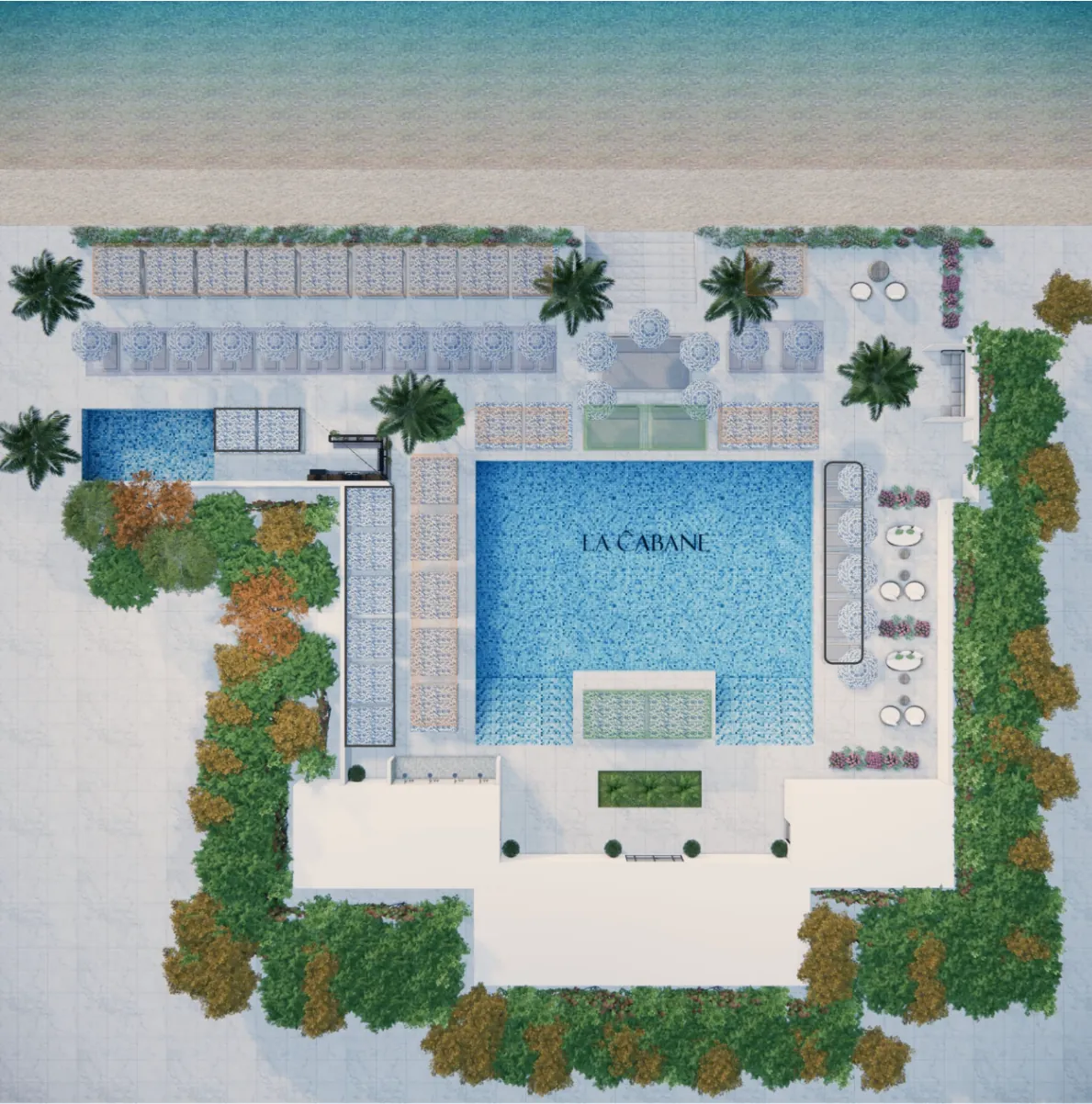 Top-down layout of La Cabane Marbella showing the pool, loungers and beach frontage