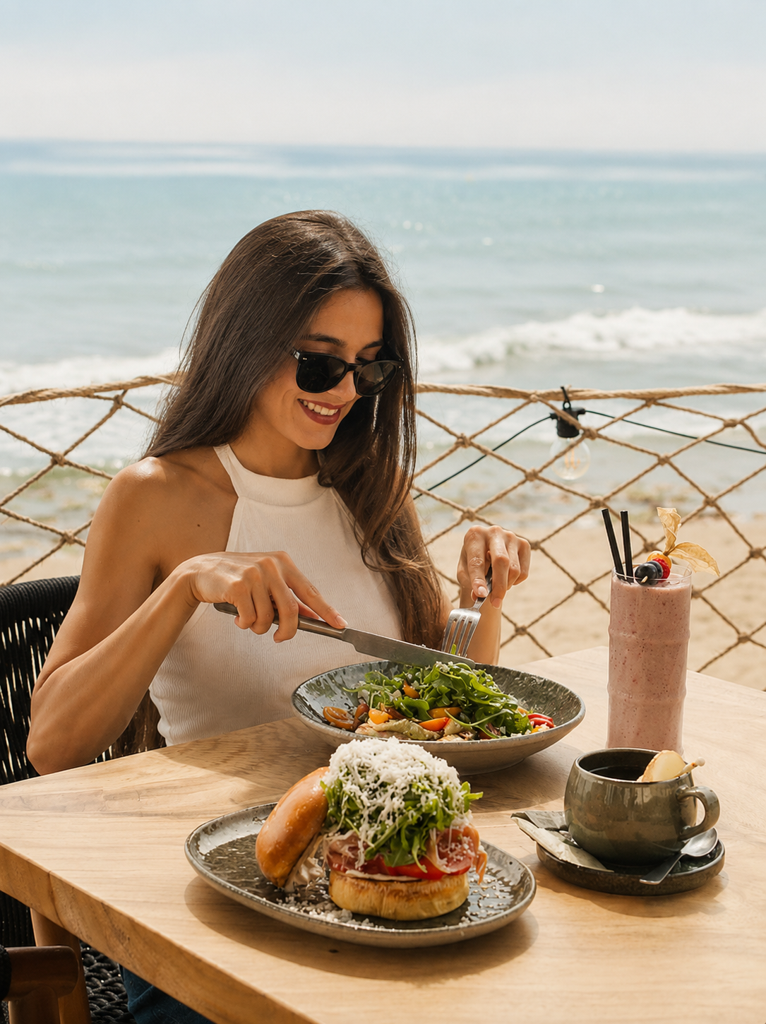 Lunch served at Moosa Bay Marbella by the sea with salad, burger and smoothie