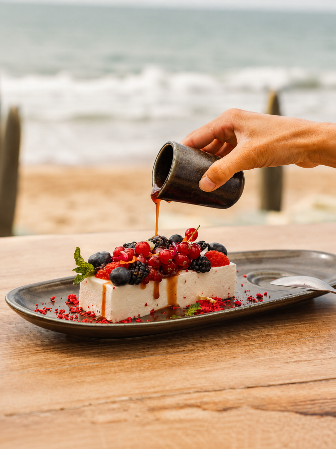 Dessert finished tableside at Moosa Bay Marbella with berries and sauce