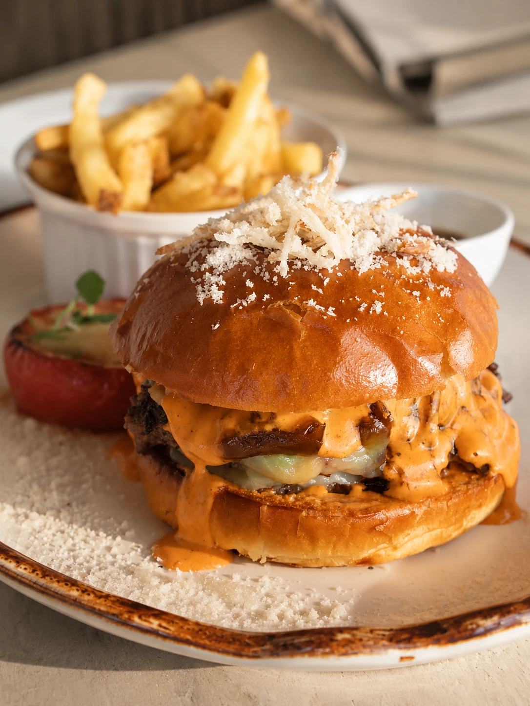 Cheeseburger and fries served at Siroko Beach Marbella in warm natural light