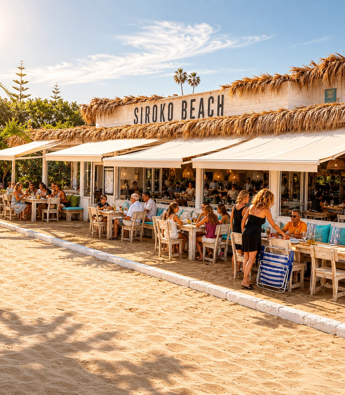 Siroko Beach Marbella facade with thatched roof, beachfront tables and guests dining directly on the sand