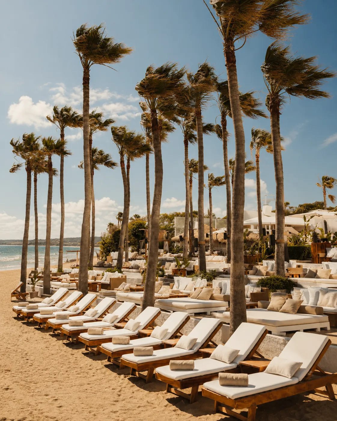 Nikki Beach Marbella beachfront sunbeds lined beneath palms along the sand