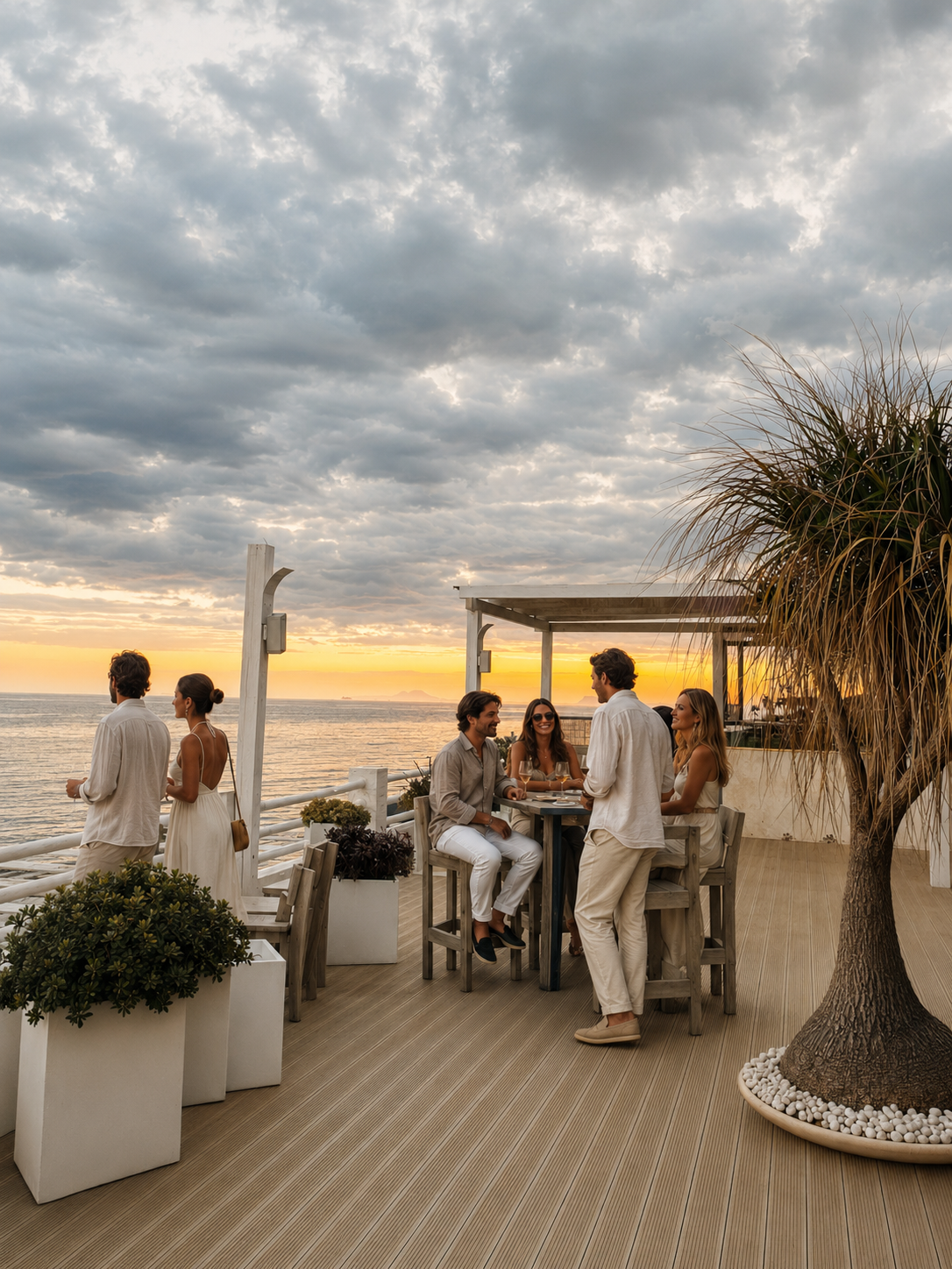 Guests socializing at El Ancla Beach Club terrace during sunset