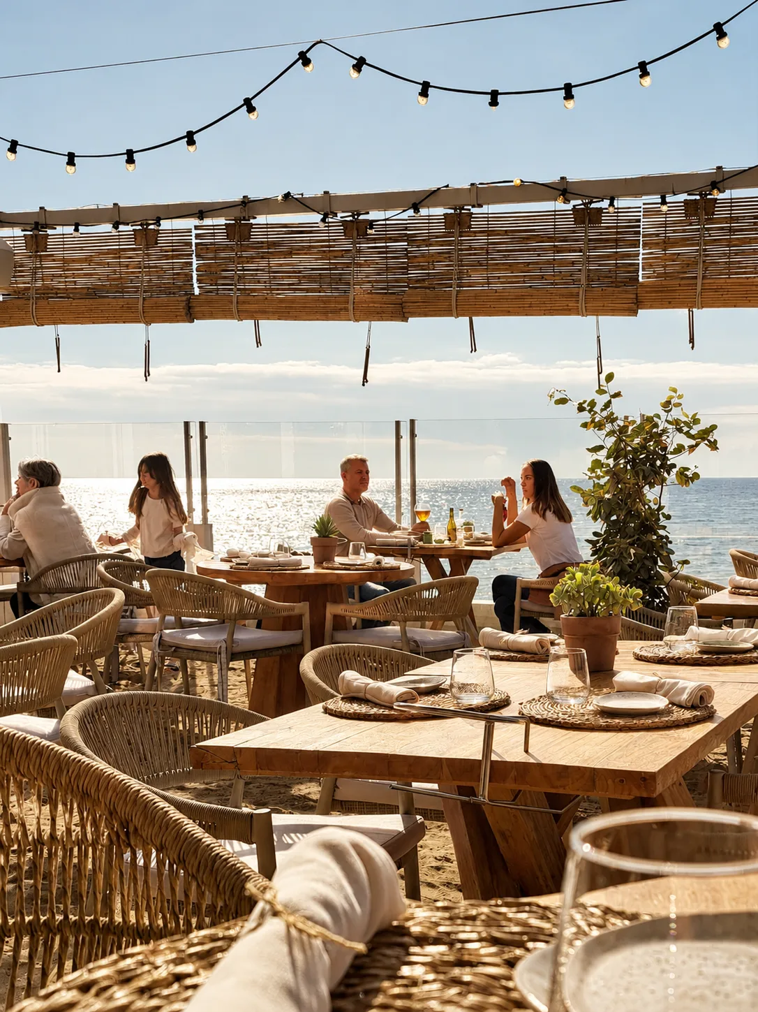 Luuma Beach Marbella restaurant terrace with sea views, woven chairs and beachfront tables in warm light