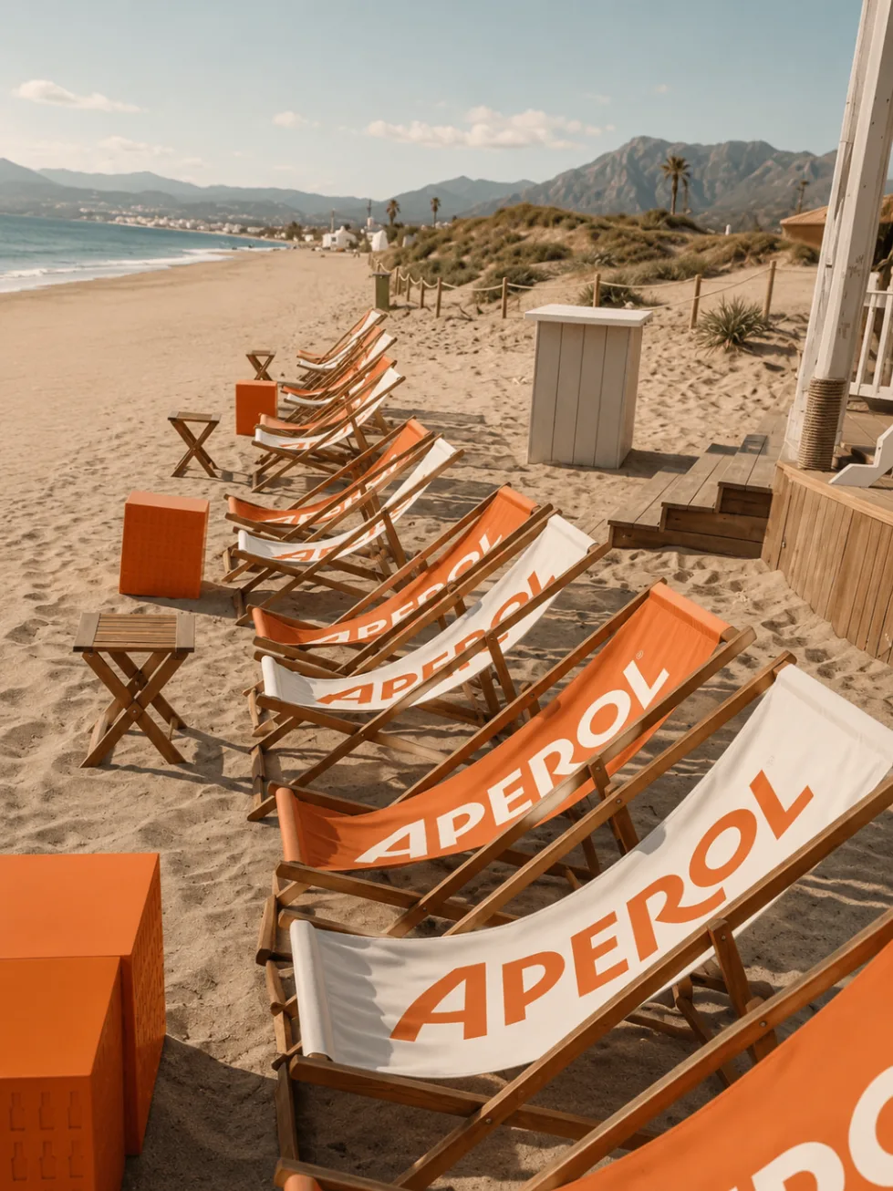 Orange-and-white branded sunbeds lined up on the beach at SYLT Marbella
