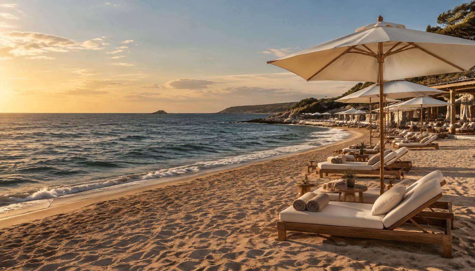 Illustration of an unbranded Mediterranean beach club with sun loungers and parasols